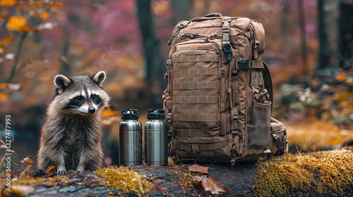 Curious Raccoon Encounters Backpack and Water Bottles in Autumn Forest Setting, a Serene Wildlife Scene with Backpacker Gear