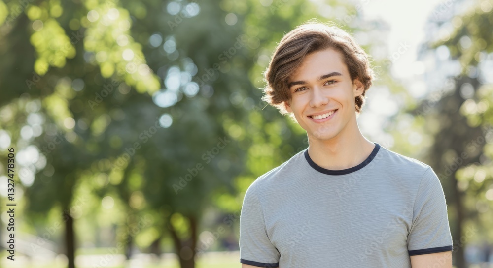 Smiling young caucasian male in casual attire outdoors in sunlit park Smiling young caucasian male in casual attire outdoors in sunlit park