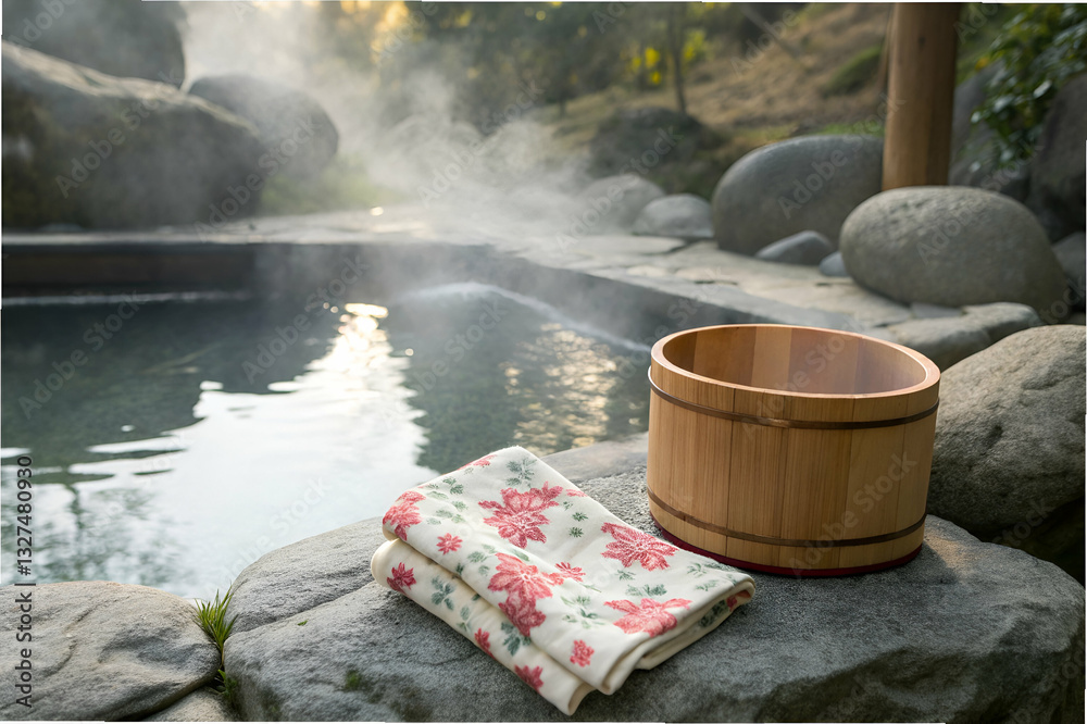 Tranquil Outdoor Hot Spring with Steam, Wooden Bathing Bucket, and Decorative Towel on Rocky Edge Amidst Nature's Serenity Tranquil Outdoor Hot Spring with Steam, Wooden Bathing Bucket, and Decorative Towel on Rocky Edge Amidst Nature's Serenity