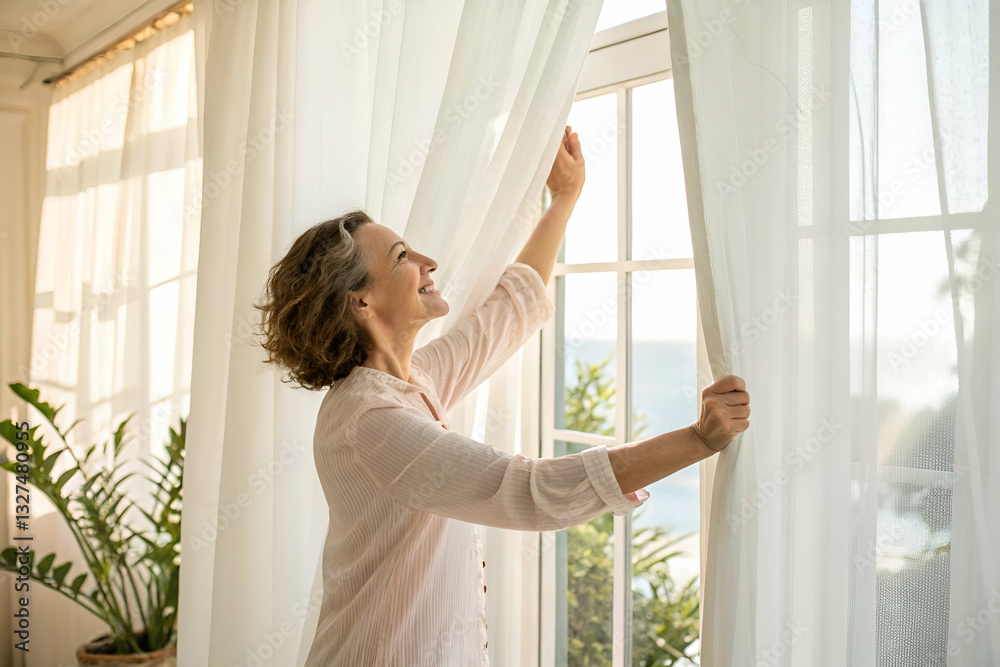 Woman Opening Sheer Curtains to Bright Sunlight in Cozy Indoor Space Surrounded by Green Plants and Warm Natural Light Woman Opening Sheer Curtains to Bright Sunlight in Cozy Indoor Space Surrounded by Green Plants and Warm Natural Light