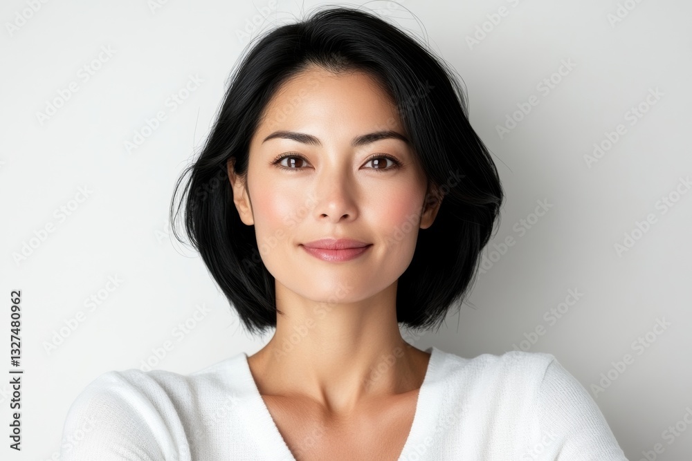 Realistic Photo of an Asian Woman with Perfect Skin, Natural Beauty, Smooth Face, Headshot, Full Frame, White Background, Professional Portrait Realistic Photo of an Asian Woman with Perfect Skin, Natural Beauty, Smooth Face, Headshot, Full Frame, White Background, Professional Portrait