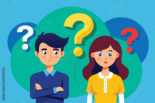 A young man and woman stand thoughtfully with raised eyebrows, surrounded by question marks, the pair that asked the question