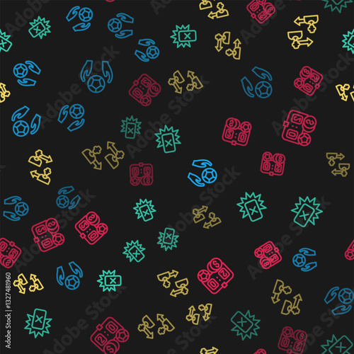 Set line Soccer football ball, Red card, Substitution player and Football betting money on seamless pattern. Vector
