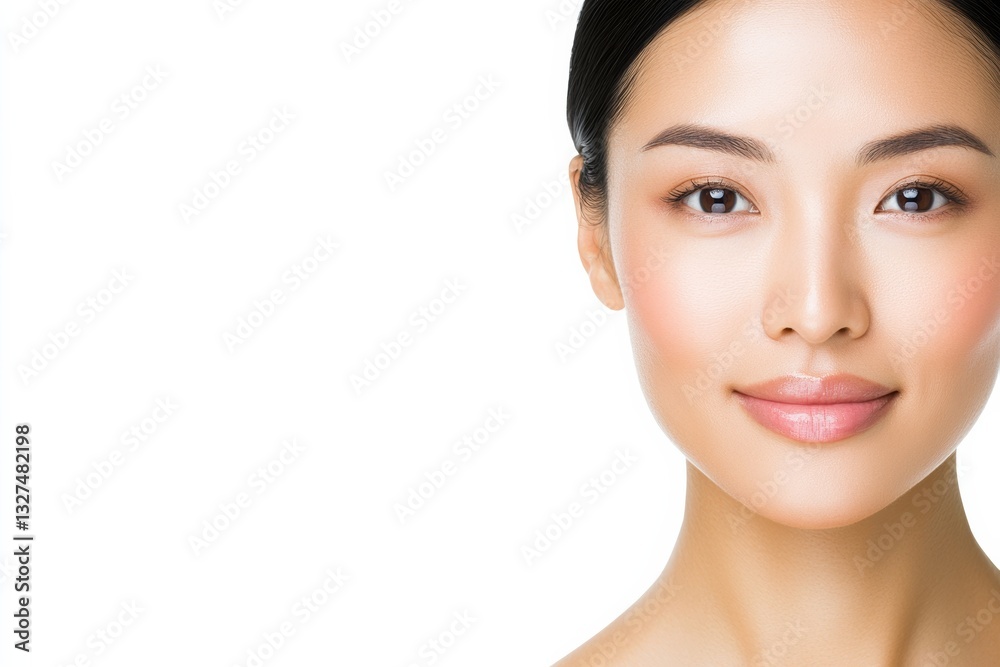 Realistic Photo of an Asian Woman with Perfect Skin, Natural Beauty, Smooth Face, Headshot, Full Frame, White Background, Professional Portrait Realistic Photo of an Asian Woman with Perfect Skin, Natural Beauty, Smooth Face, Headshot, Full Frame, White Background, Professional Portrait