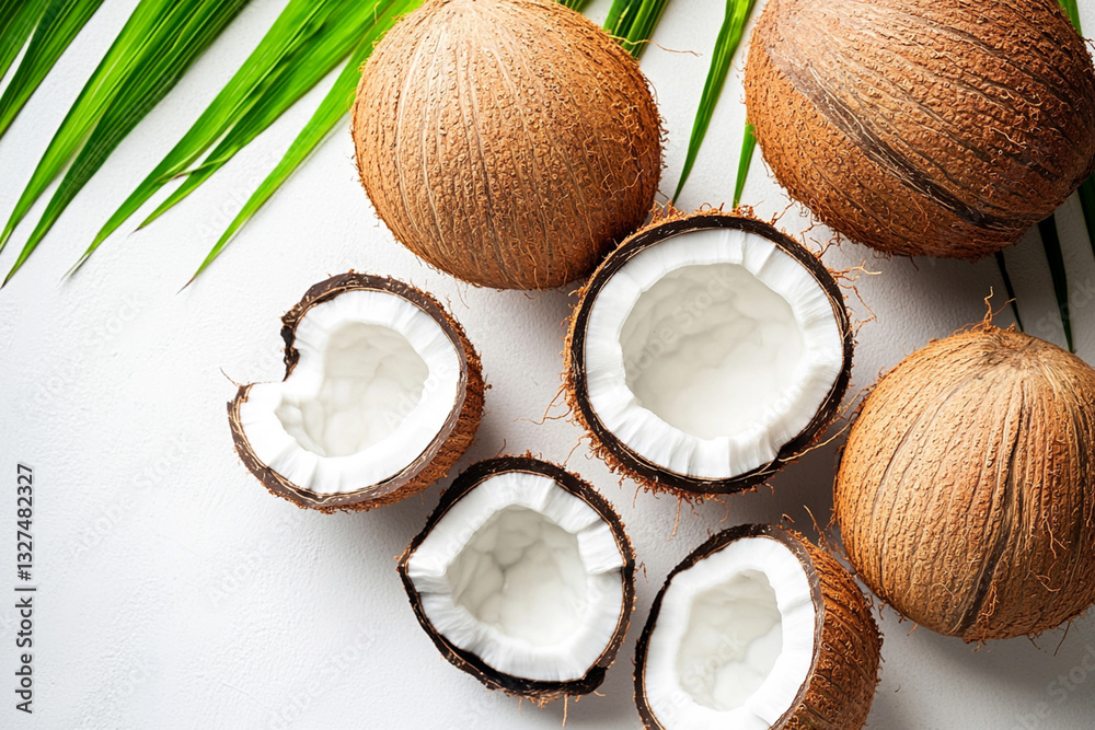 Top view shot of coconuts, whole and cracked on halves, isolated on white background with a lot of copy space for text. Raw fruit of tropical palm. Flat lay Top view shot of coconuts, whole and cracked on halves, isolated on white background with a lot of copy space for text. Raw fruit of tropical palm. Flat lay