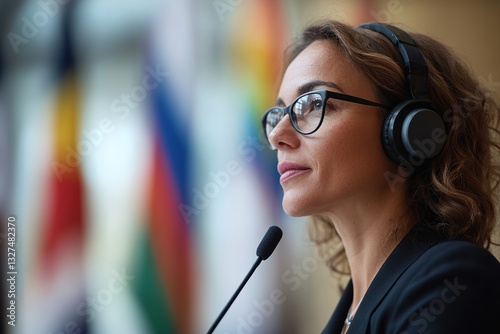 In a conference room, a skilled interpreter wearing a headset speaks into a microphone as business professionals gather around. The softly blurred background displays various international flags