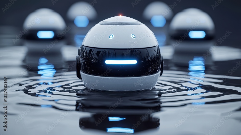 A futuristic scene featuring robotic spheres floating on water, illuminated with blue lights, creating a serene and advanced technological atmosphere. A futuristic scene featuring robotic spheres floating on water, illuminated with blue lights, creating a serene and advanced technological atmosphere.