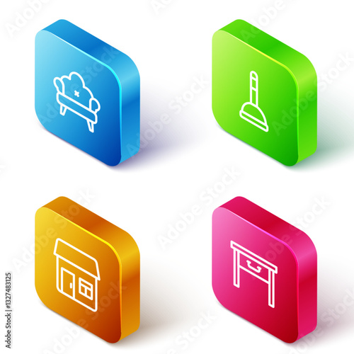 Set Isometric line Sofa, Rubber plunger, House and Furniture nightstand icon. Vector