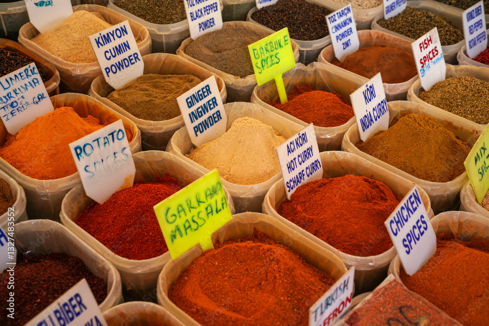 Various spices and herbs displayed at Fethiye, name labels shown in English and Turkish language