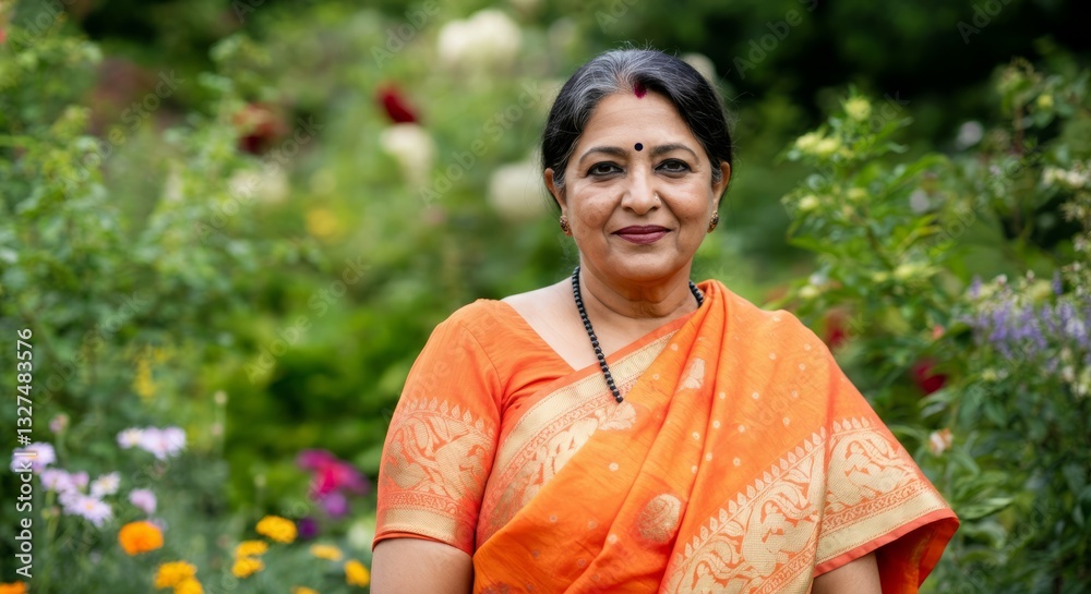 Mature asian woman in orange sari standing in a vibrant garden Mature asian woman in orange sari standing in a vibrant garden