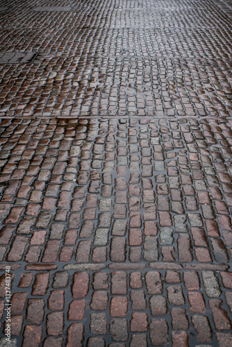 Obraz na płótnie Wet cobblestone road or pavement, water between stone tiles w salonie