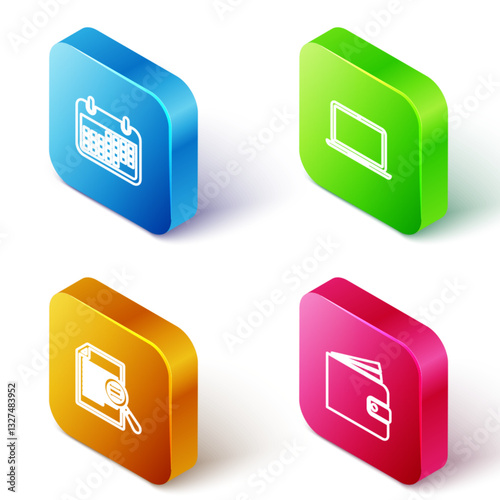 Set Isometric line Calendar, Laptop, Document with search and Wallet icon. Vector