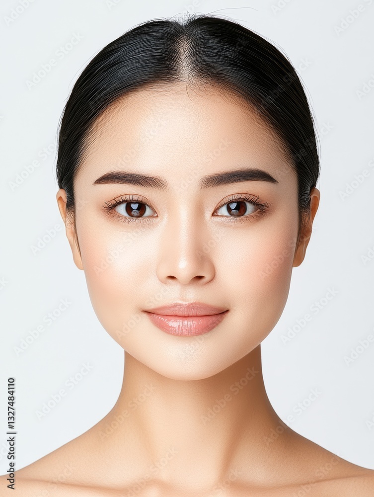 Fototapeta premium Realistic Photo of an Asian Woman with Perfect Skin, Full Frame Head and Shoulders, White Background, High-Quality Beauty Portrait