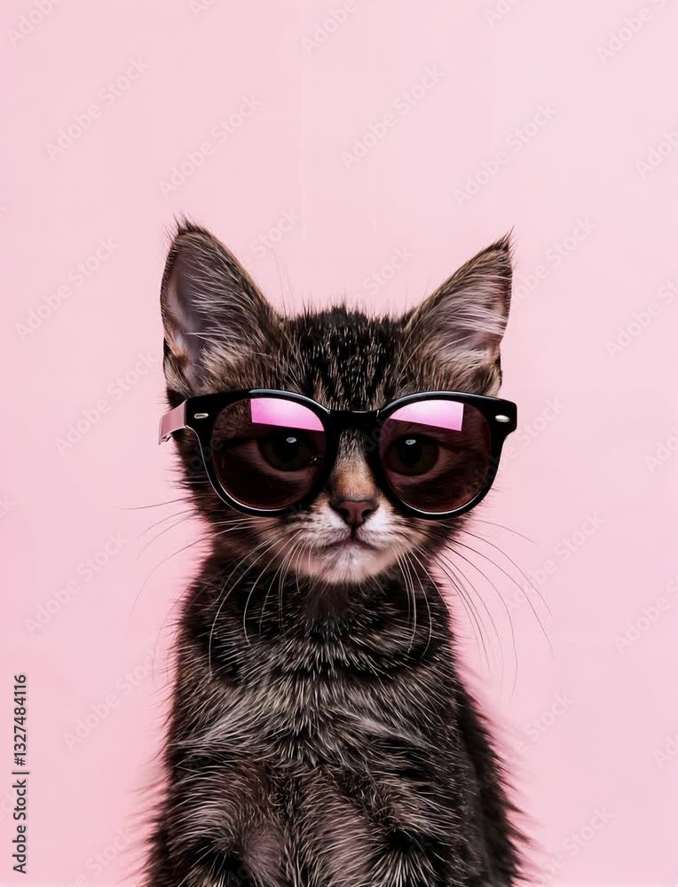 Un gato con gafas de sol oscuras posa con estilo sobre un fondo rosa, transmitiendo actitud y elegancia felina.