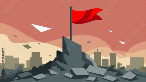 The sight of a lone tattered flag waving above the rubble of the marketplace is a bleak symbol of the unyielding grip of war on the regions food supply.. Vector illustration
