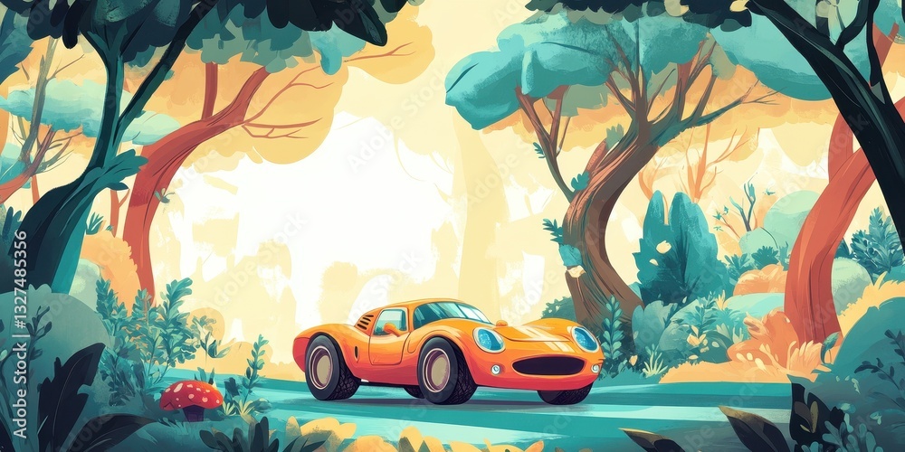 Naklejka premium An orange sports car is driving on a road in a forest