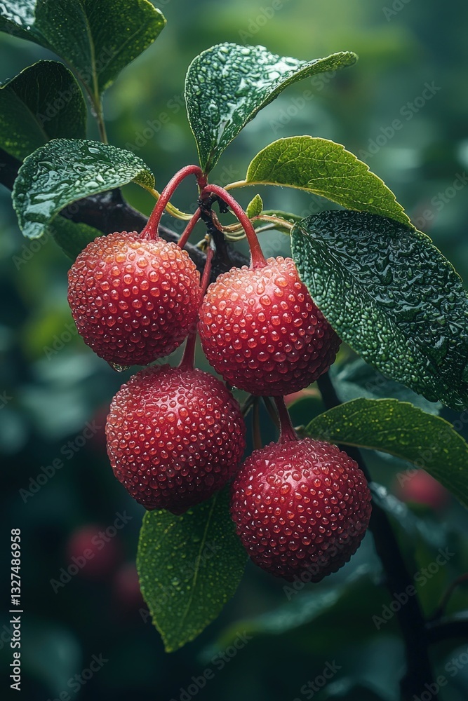 Obraz premium Dew-kissed red berries cluster on lush green leaves.