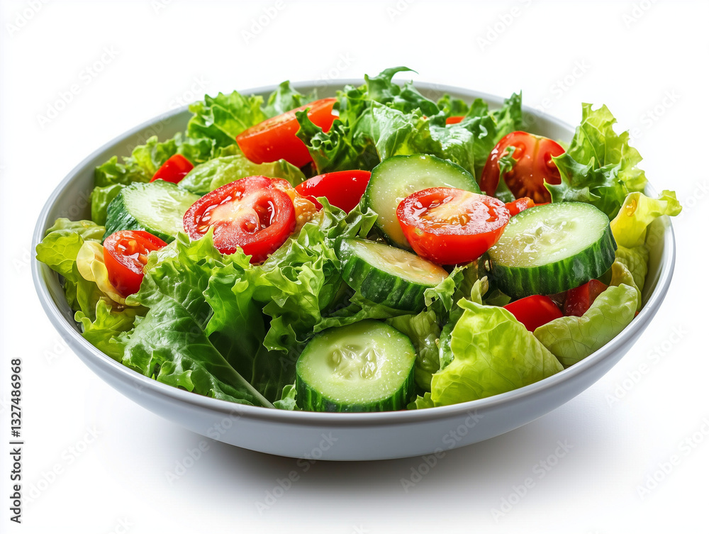 Bowl of salad with lettuce, tomatoes, and cucumbers isolated Bowl of salad with lettuce, tomatoes, and cucumbers isolated