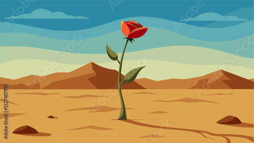 The sight of a lone wilting flower struggling to survive in a sea of parched soil a symbol of hopelessness in the face of unrelenting drought.. Vector illustration