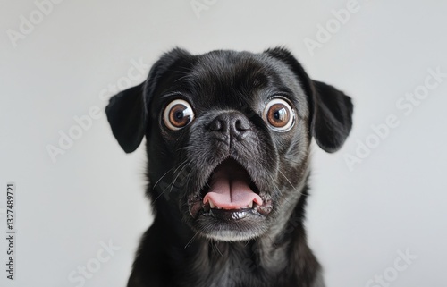 Dog surprised terrier widening eyes and dropping jaw, against surprise with comical facial expression expressing bright background