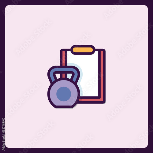 Fitness equipment icon featuring kettlebell and clipboard for workout plan