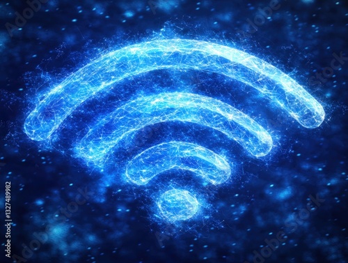 Glowing blue Wi Fi symbol on dark background, representing connectivity