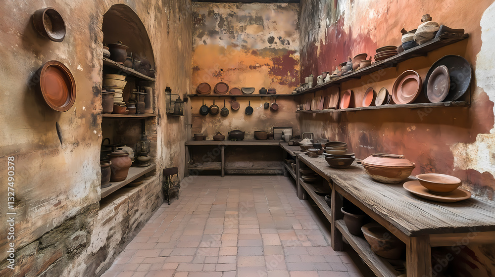 Fototapeta premium Wabi-Sabi kitchen with clay walls, a simple wooden countertop, and artisanal ceramics displayed with a mix of old and new pieces