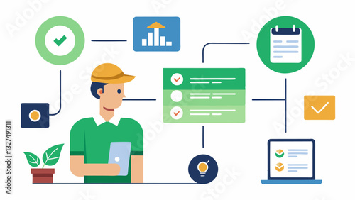 Task management features that allow farmers to assign and track tasks for themselves and their employees increasing efficiency and productivity.. Vector illustration