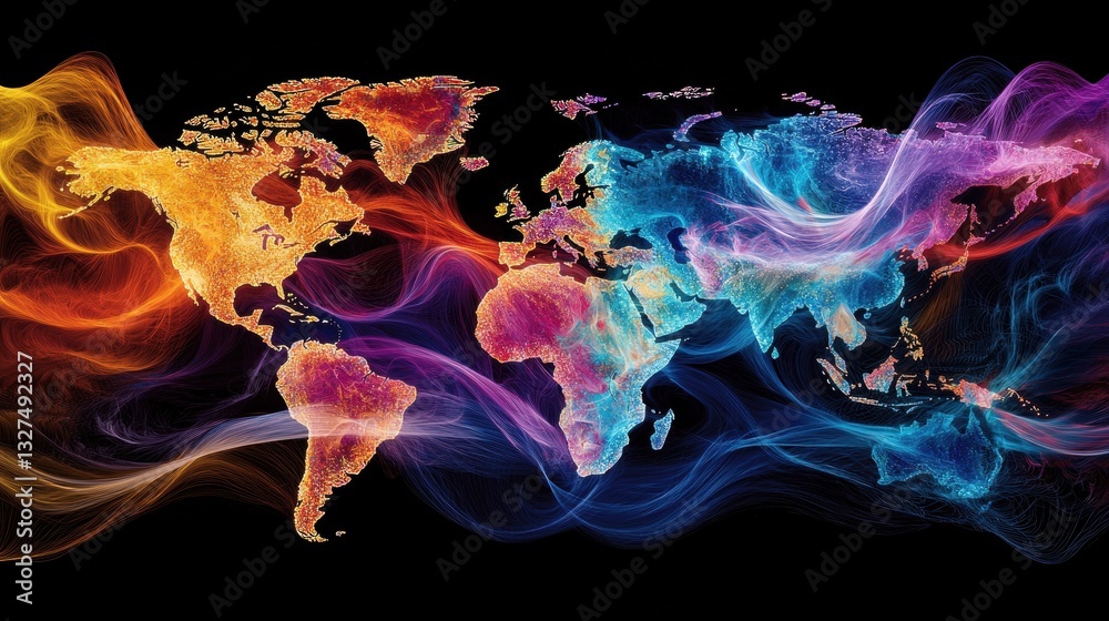 Obraz premium A colorful artistic representation of a world map, blending vibrant hues and abstract waves against a dark background.
