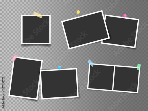 Photo frames set attached with colored push pins and adhesive tape on transparent background. Minimalist vector mockup. Photo collage Template for photo album, social media post, poster, portfolio