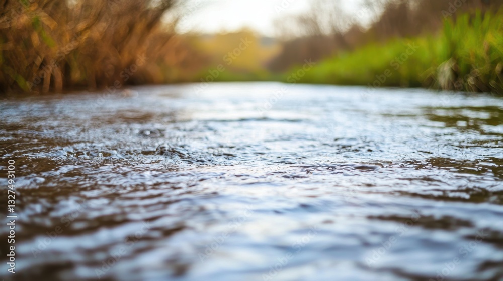 Fototapeta premium A serene view of a gently flowing river, reflecting surrounding greenery and natural light.