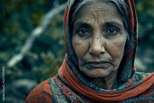 In the serene forests of Himachal Pradesh, a village woman poses for a cinematic portrait, her clear facial features showcasing the timeless connection between rural life and the beauty of nature.