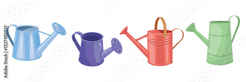 Set of summer watering Can. Garden spring watering cans as a tools for watering plants. Flat illustration on white background. Scrapbook design elements in vector.