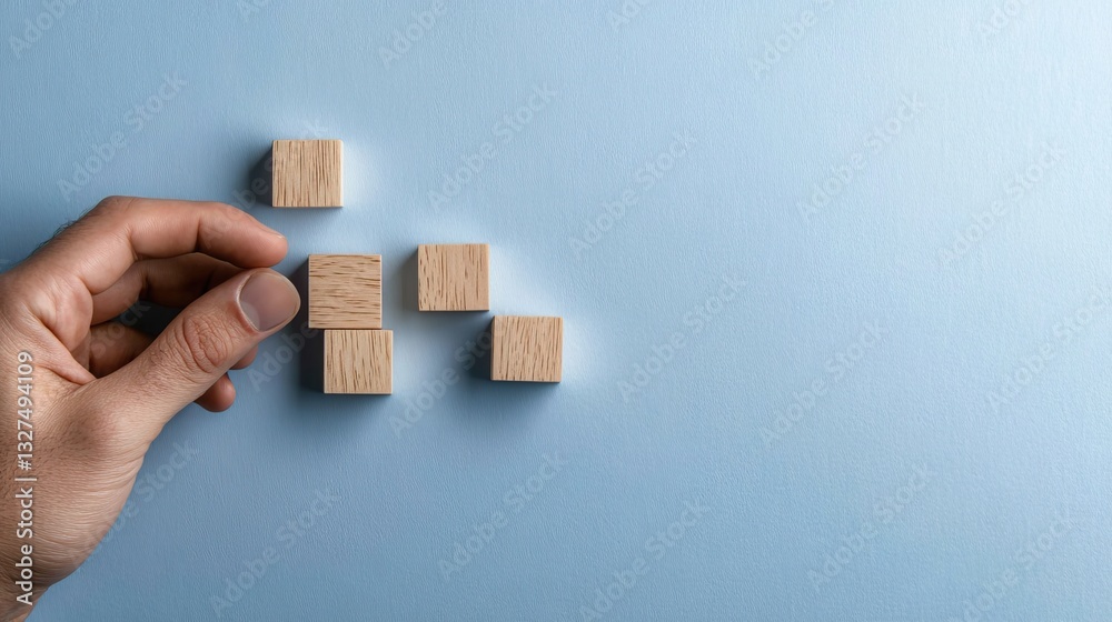 A hand grasps a wooden checkmark against a blue backdrop, ideal for showcasing business and quality health technology concepts A hand grasps a wooden checkmark against a blue backdrop, ideal for showcasing business and quality health technology concepts