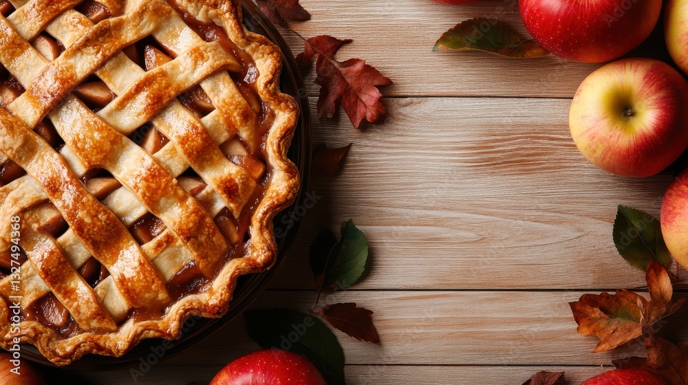 Showcasing a warm caramelized apple pie with a beautiful lattice design crust, this image embodies the essence of comfort food and seasonal delights. Showcasing a warm caramelized apple pie with a beautiful lattice design crust, this image embodies the essence of comfort food and seasonal delights.