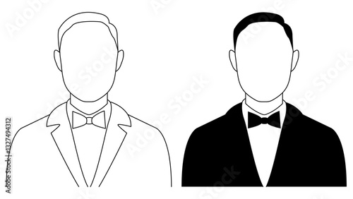A profile illustration of a man's silhouette. An outline businessman profile illustration. A black and white male avatar picture. Man in a suit with a bow vector illustration. editable stroke