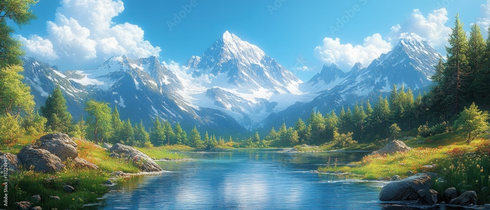 Fototapeta premium Serene alpine lake nestled amidst majestic snow-capped peaks.