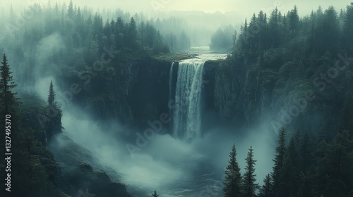 Misty waterfall in a dense forest