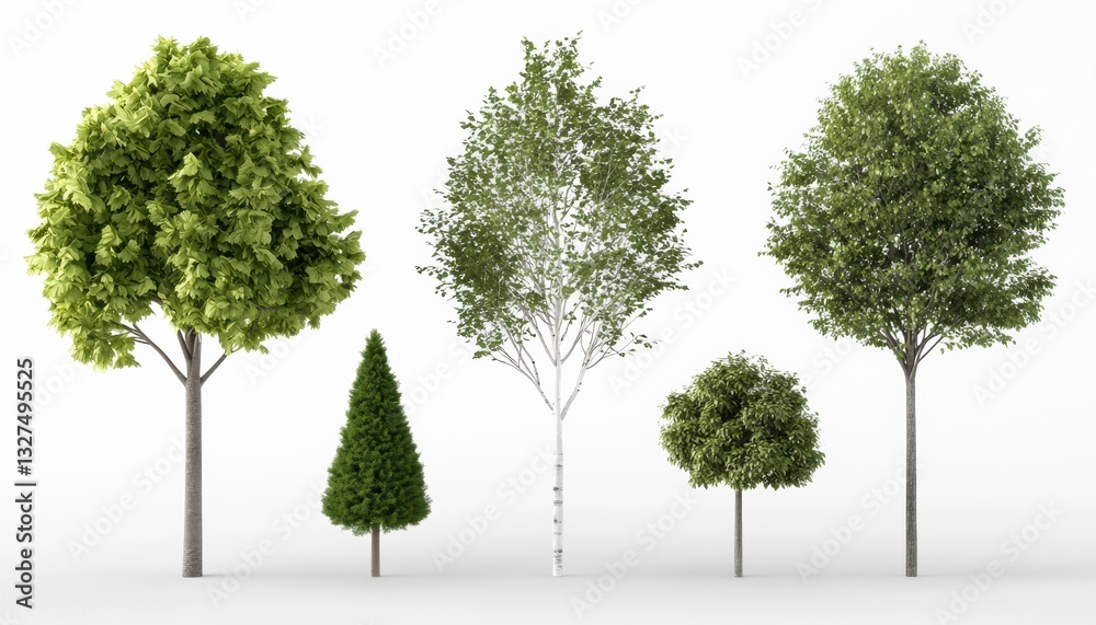 Obraz premium Diverse collection of detailed 3D trees, showcasing different shapes, trunk textures, and leaf densities for architectural renderings