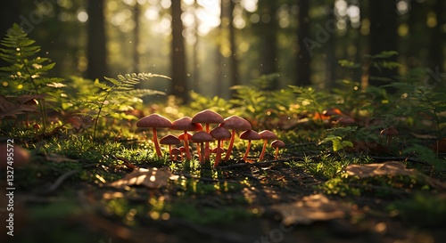 Sunlight filters through a dense forest, illuminating small mushrooms growing on the moss-covered ground. Mushrooms in the Forest. Mushroom Background. Soothing Scene of Monochrome Mushrooms.