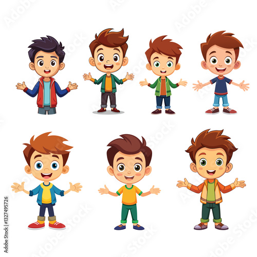 Set of a flat illustration of a boy cartoon open arm and happy with different impression