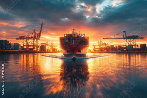 A large container ship navigates the water at sunset, casting a long shadow as the sky turns shades of orange and pink, creating a serene and captivating scene.
