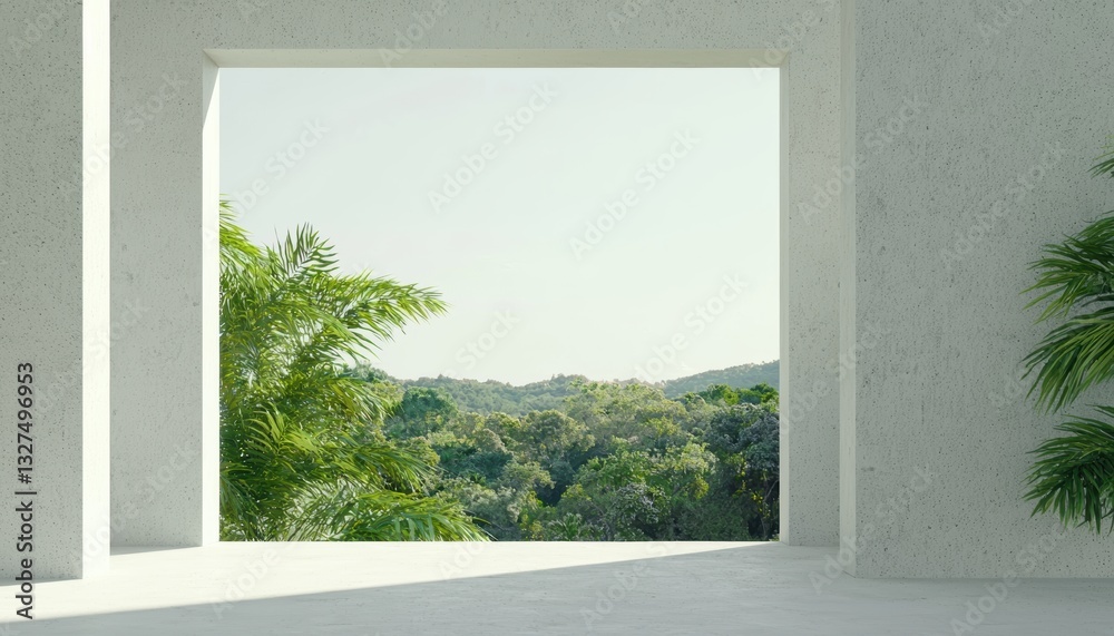 Fototapeta premium Architectural minimalism, open white concrete interior with framed nature view, lush green hills outside, bright daylight, peaceful design, cinematic shot