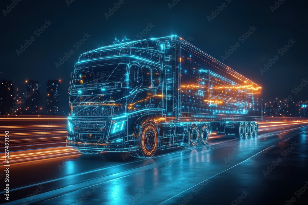 Truck driving on highway at night, illuminated by its headlights, with city lights in the distance casting a soft glow on the road. Truck driving on highway at night, illuminated by its headlights, with city lights in the distance casting a soft glow on the road.