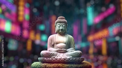 Ancient Buddha Statue for in Cyberpunk City under Rain