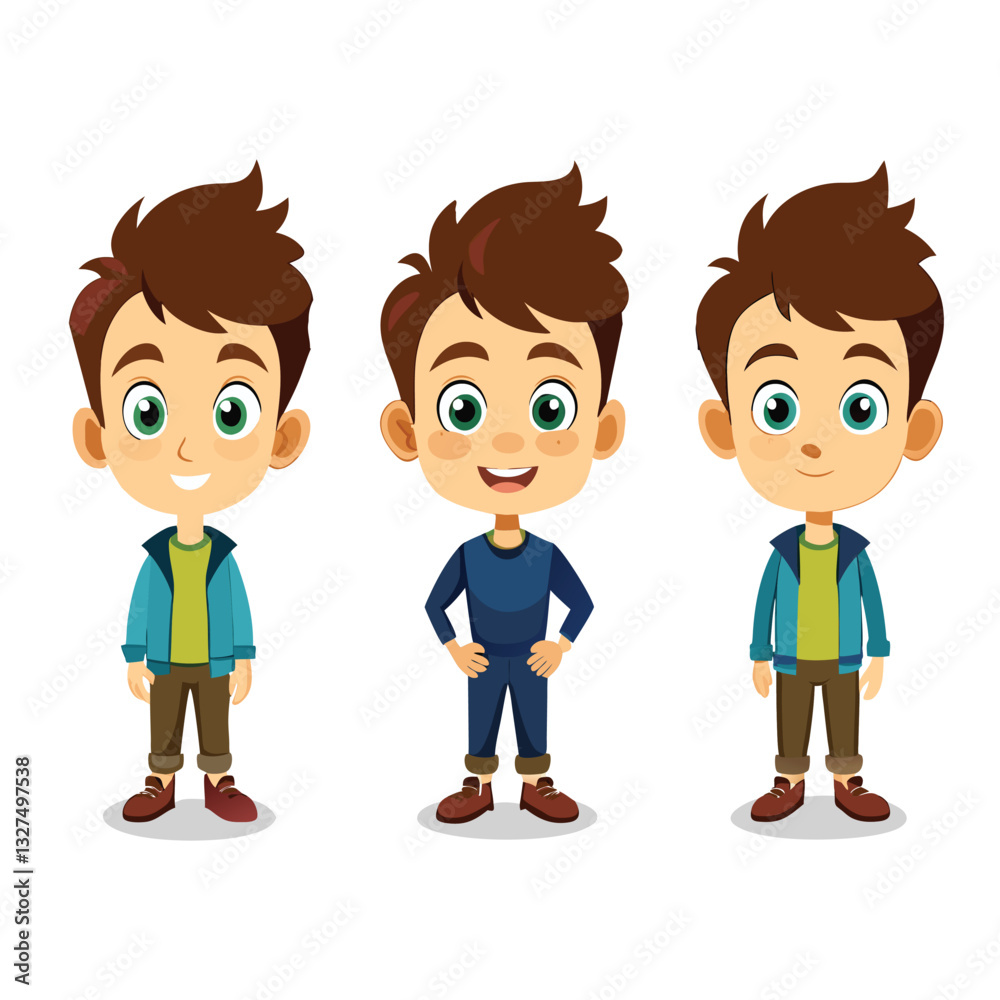 set of a flat illustration of 3 boy cartoon boys with face impression and different dress set of a flat illustration of 3 boy cartoon boys with face impression and different dress