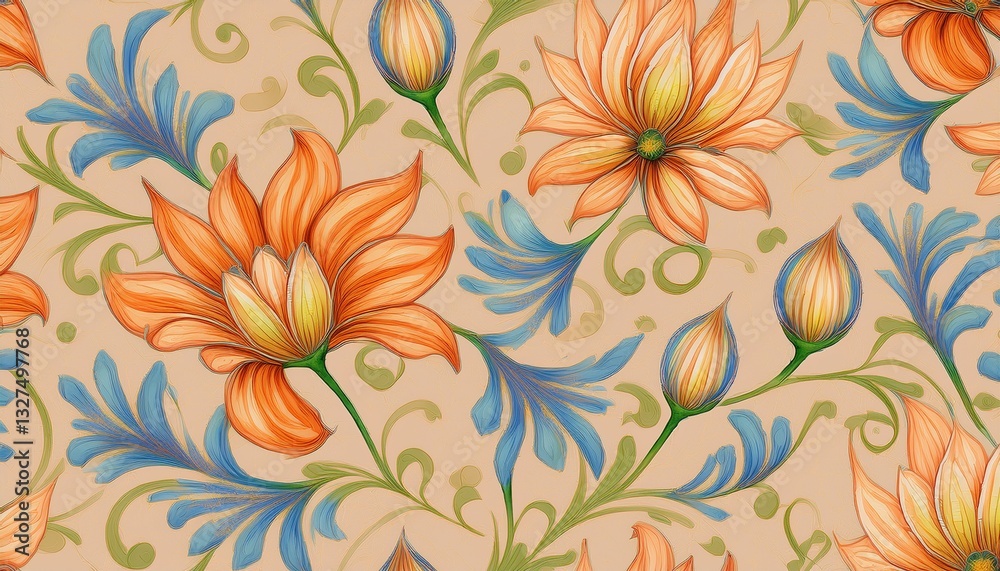 Seamless hand-painted floral tile pattern with delicate watercolor-style flowers in soft tones on a warm beige background, perfect for romantic and vintage-inspired interiors. Seamless hand-painted floral tile pattern with delicate watercolor-style flowers in soft tones on a warm beige background, perfect for romantic and vintage-inspired interiors.