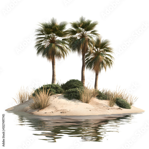  A small desert island with three palm trees on it, a few bushes and grasses around the palms, and water in front of them. Transparent background