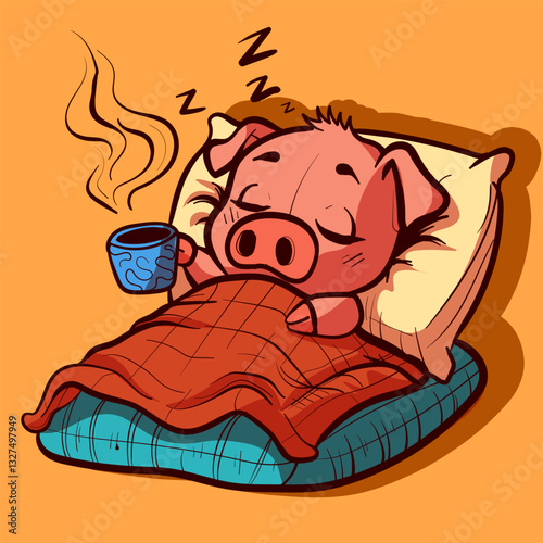 Quirky tired and sleepy pig sleeping on a mattress with a coffee on his hoofs. Snoring piggy in the morning under striped blanket.