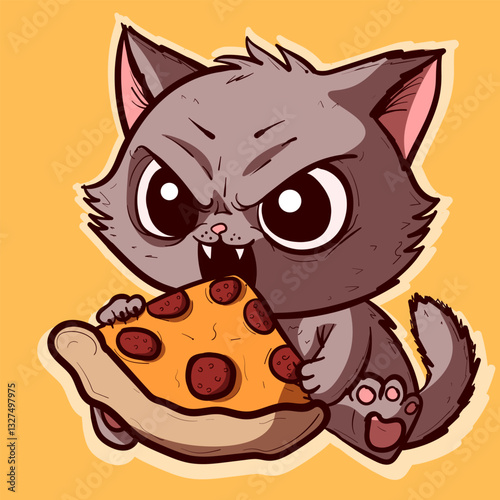 Vicious and hungry cat devouring a slice of pizza. Angry and cute kitty eating a pizza with pepperoni.